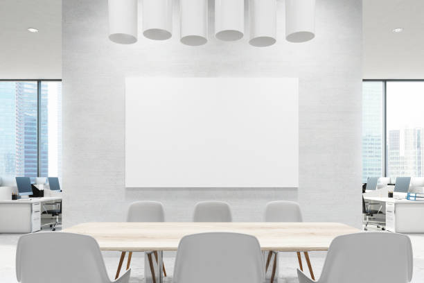 istock Close up of a conference room table, white, poster 857543388