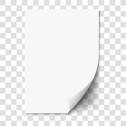 White page curl on empty sheet paper with shadow. Realistic blank folded page on transparent background. Vector illustration.
