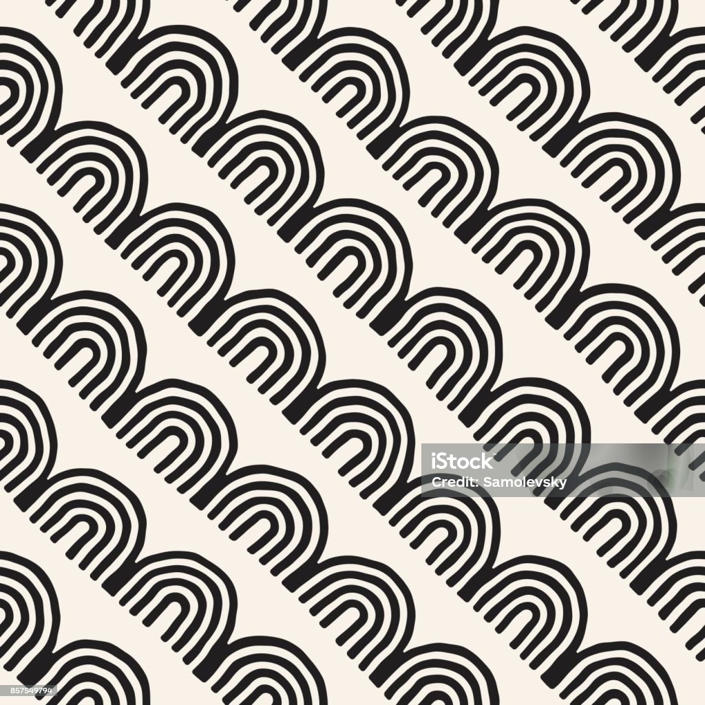 Monochrome Minimalistic Tribal Seamless Pattern With Arc Lines Vector ...