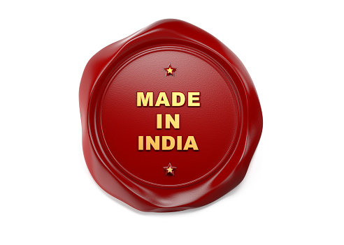 High quality render of Made in India seal made of red wax isolated on white background. Horizontal composition with copy space, Clipping path for wax seal is included. Great use as a label for vine bottles  or coffee packages.
