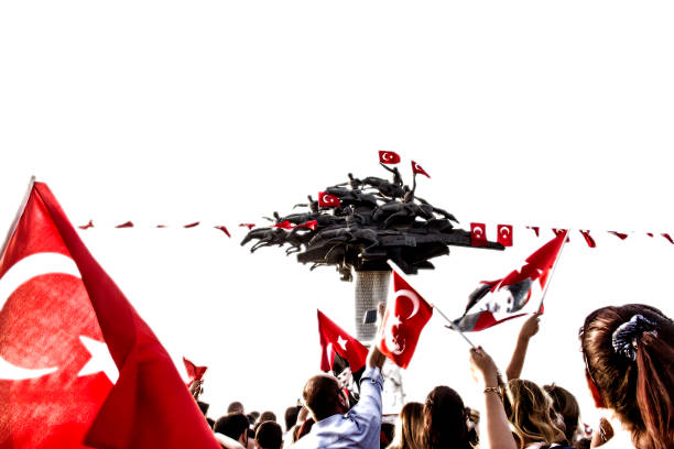 Kordon,Izmir,Turkey- September 9, 2017: Crowded people are celebrating 9 September-Izmir's Independence Day with Turkish flags in Gundogdu Square in Kordon in İzmir.