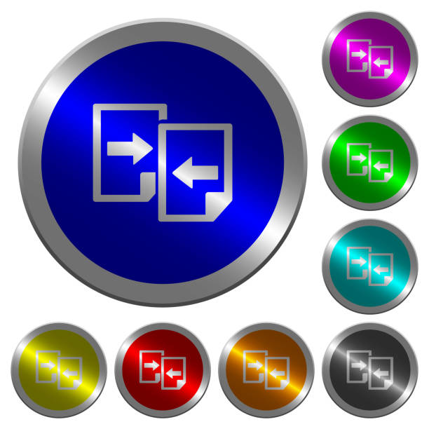 ilustraciones, imágenes clip art, dibujos animados e iconos de stock de compartir documentos botones luminosos como moneda redonda color - sharing giving file computer icon