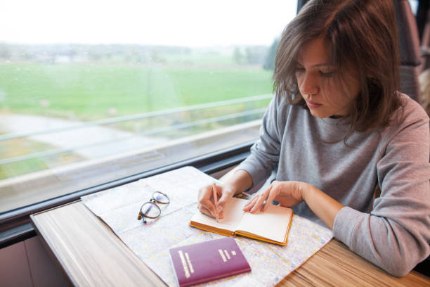 istock Young woman planning a trip, travelling by train 857573290
