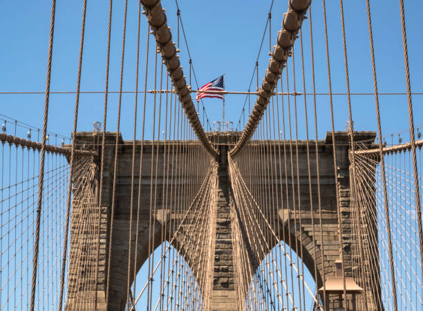 istock Brooklyn Bridge Tower with USA flag 857573728