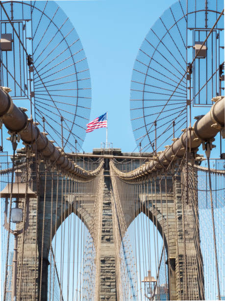 istock Brooklyn Bridge Tower with USA flag 857573756