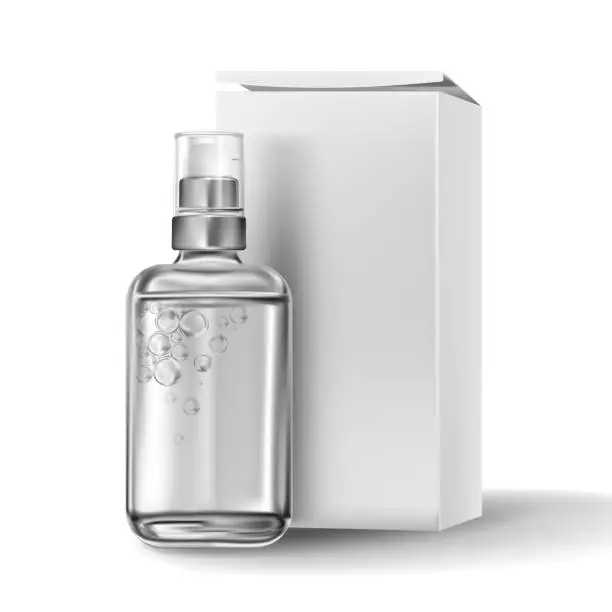 Vector illustration of Transparent cosmetic glass bottle with metal pump