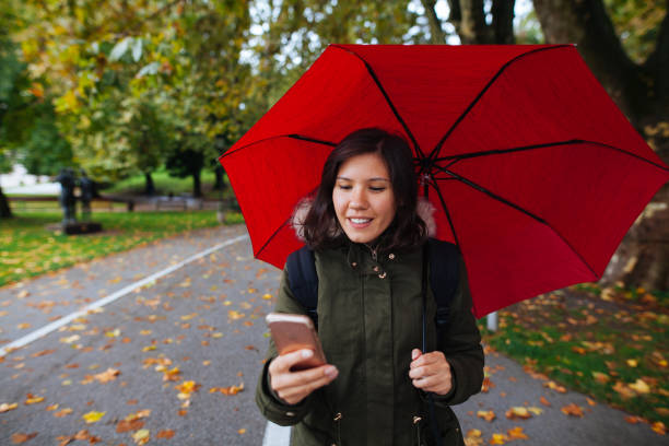istock Young woman with mobile phone on rainy day 857574522