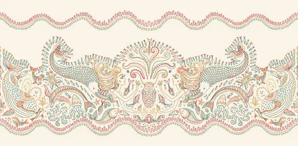 Vector illustration of Vector seamless pattern. Fantasy mermaid, octopus, fish, sea animals colorful contour thin line drawing with ornaments on a beige background. Embroidery border, wallpaper, textile print, wrapping paper