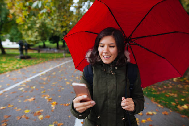 istock Young woman with mobile phone on rainy day 857574610
