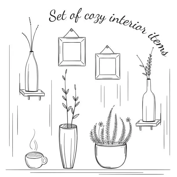 Vector illustration of Set of cozy interior items