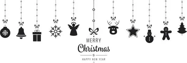 Vector illustration of christmas ornament elements hanging black isolated background