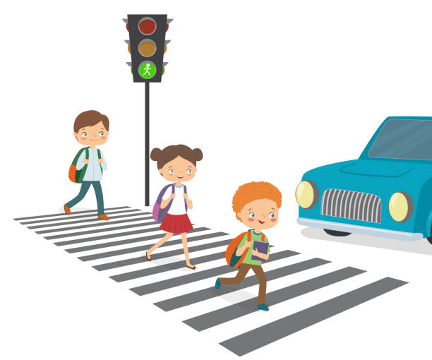 Children cross the road to a green traffic light Children cross the road to a green traffic light. Cartoon vector isolated crossroad illustrations stock illustrations