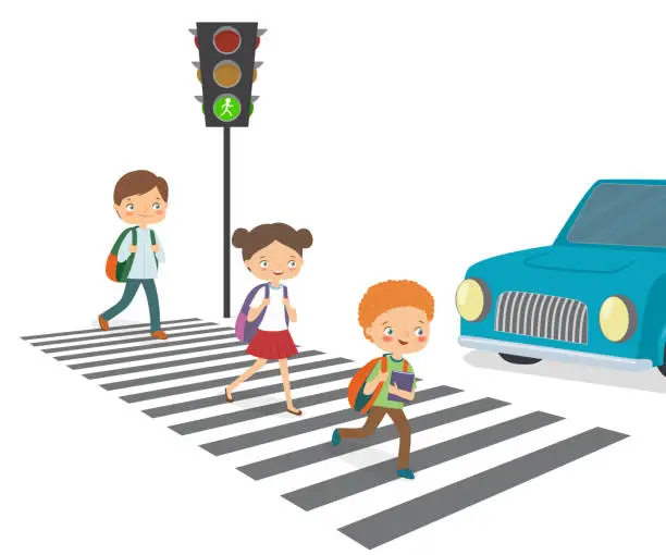 Vector illustration of Children cross the road to a green traffic light