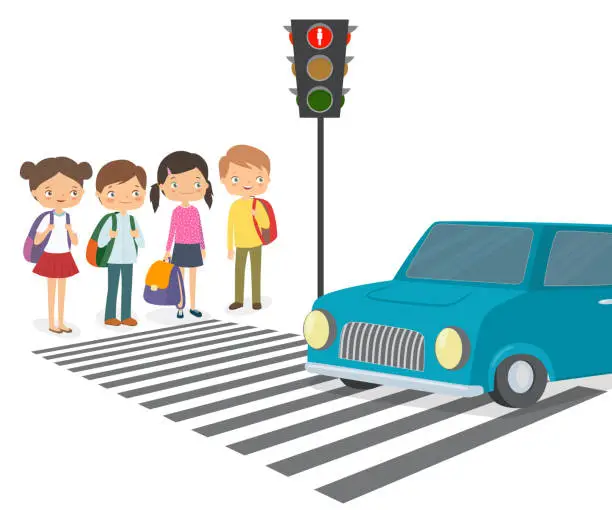 Vector illustration of Ð¡hildren wait for a green traffic light signal. Vector isolated