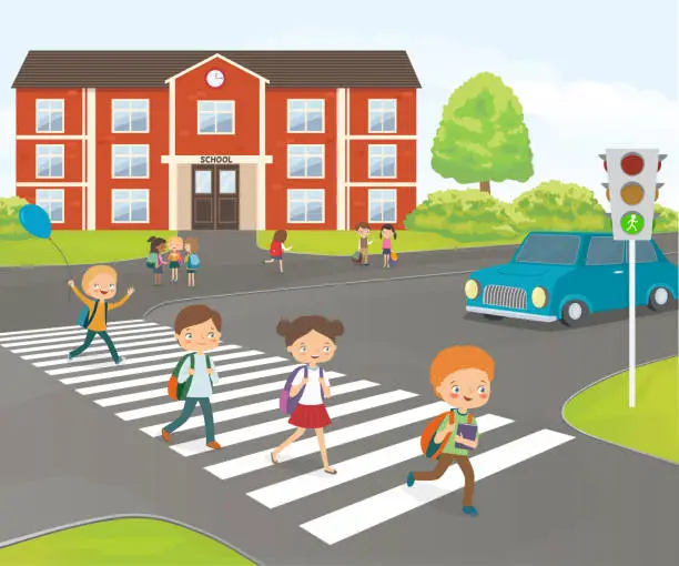 Vector illustration of School children cross road on pedestrian crossing, near school building