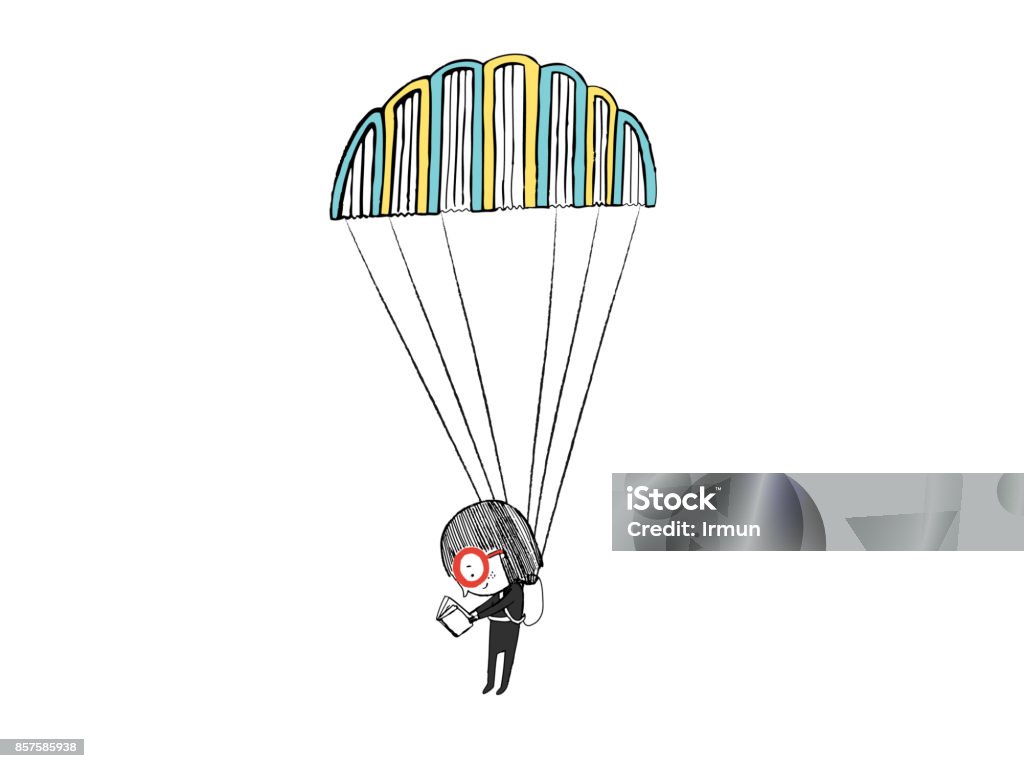 Little girl reading in a parachute made with books. Hand drawn vector illustration Child stock vector