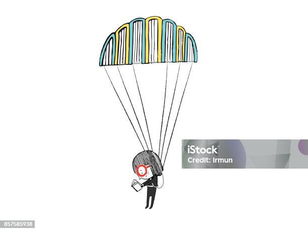 Little Girl Reading In A Parachute Made With Books Hand Drawn Vector Illustration Stock Illustration - Download Image Now