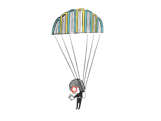 Vector illustration of Little girl reading in a parachute made with books. Hand drawn vector illustration