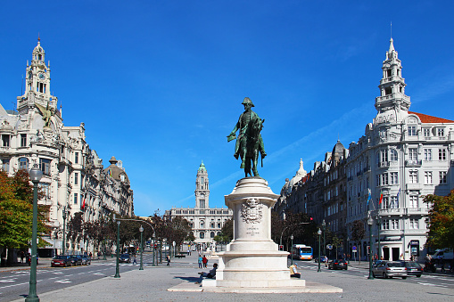 Porto: King D.Pedro IV monument on Liberdade square in the center of Porto