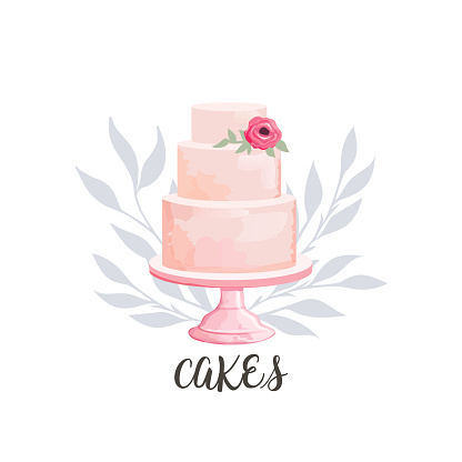 icon for cake shop and bakery with floral watercolor style elements. Vector illustration.