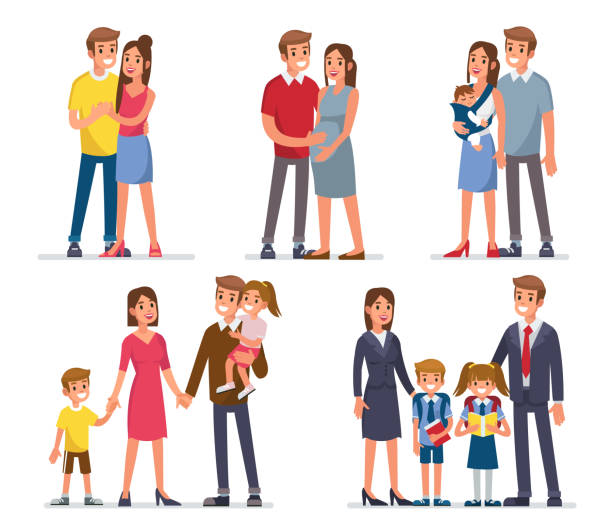family Family development stages. Mother, father and kids. Flat style vector illustration isolated on white background. family happiness stock illustrations