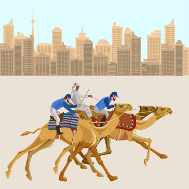 ilustraciones, imágenes clip art, dibujos animados e iconos de stock de vector de las carreras de camellos - camel ride