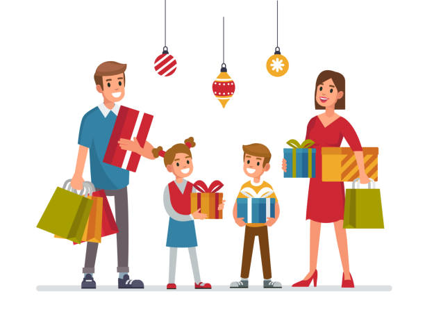 ilustraciones, imágenes clip art, dibujos animados e iconos de stock de la familia  - shopping christmas women retail