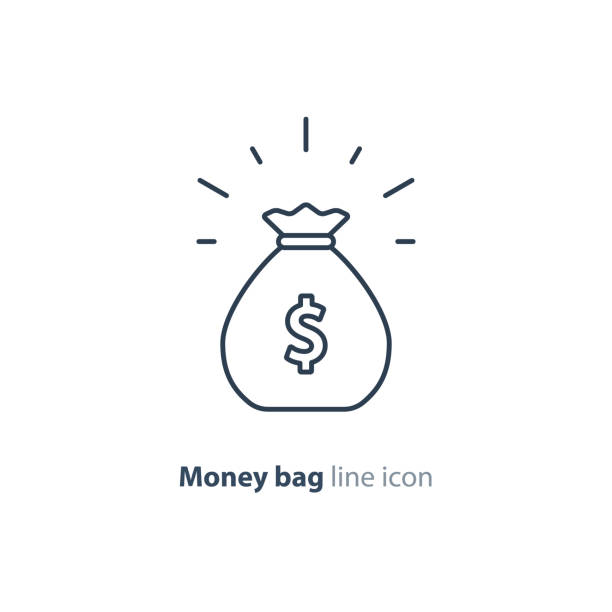 Sack of money, finance saving, award prize, mono line icon Money bag, income growth, financial savings account concept vector mono line icon money bag stock illustrations