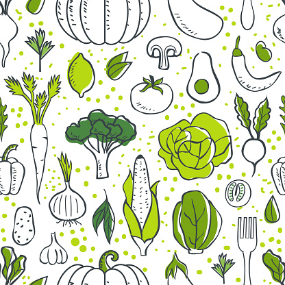 Farm fresh vegetables seamless pattern. Sketch style vector illustration.