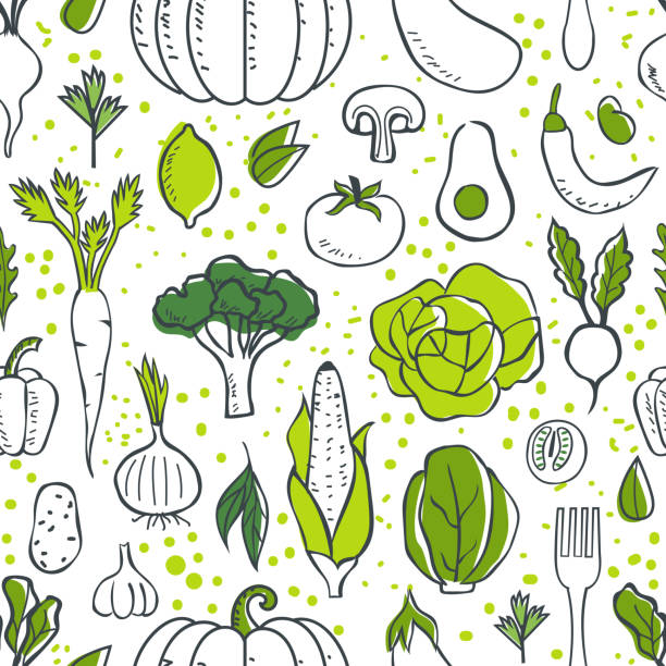 vegetables pattern Farm fresh vegetables seamless pattern. Sketch style vector illustration. cooking patterns stock illustrations