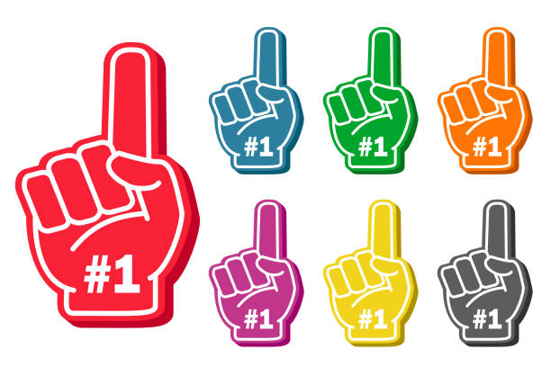 Foam finger set Foam finger set. Sports paraphernalia fun item in bright colors, competition support symbol. Vector flat style illustration isolated on white background sports team icon stock illustrations