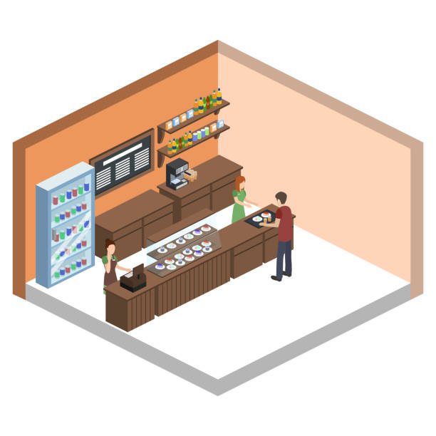 ilustraciones, imágenes clip art, dibujos animados e iconos de stock de vector 3d isométrico ilustración diseño interior cafetería, tienda de café con camareras y visitantes - isometric people cafe coffee shop