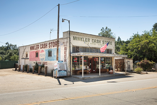Minkler: Old variety store in a dusty road in Minkler, California.  Minkler is a town in eastern Fresno County, California.