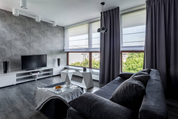 soggiorno televisivo con divano - blinds apartment living room contemporary foto e immagini stock