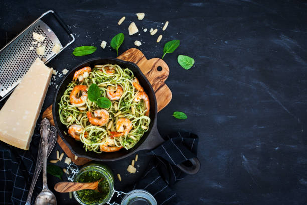 istock Spaghetti with prawns and homemade pesto sauce 857631630
