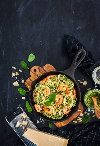 istock Spaghetti with prawns and homemade pesto sauce 857631632