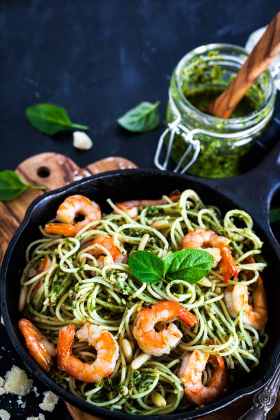istock Spaghetti with prawns and homemade pesto sauce 857631656