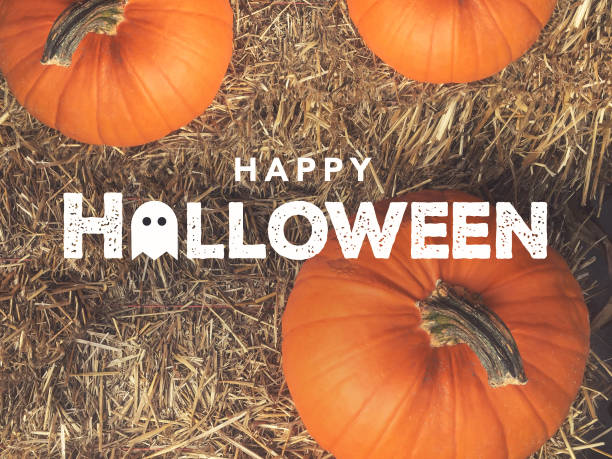 Happy Halloween Text With Ghost Icon Over Pumpkins From Directly Above