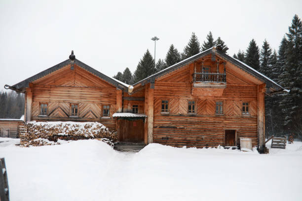 casa in legno retrò nella foresta nel nord russo - russian ethnicity cold relaxation nature foto e immagini stock