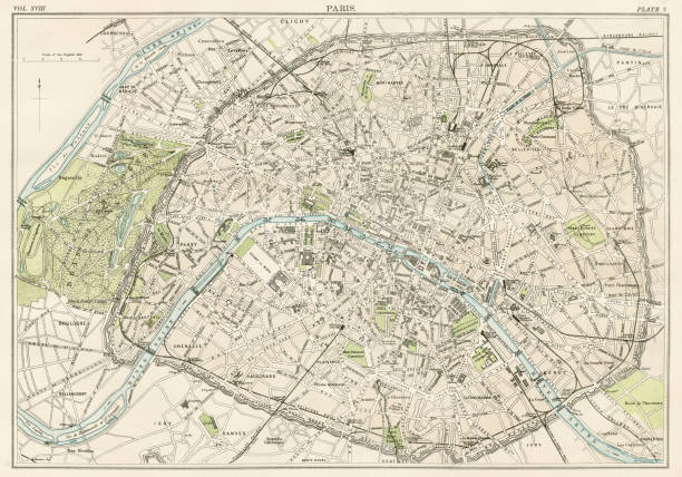 Paris city map 1885 Encyclopedia Britannica 9th Edition New York Charles Scribners and Sons 1885 Vol XVIII paris stock illustrations