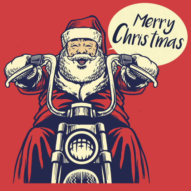 ilustraciones, imágenes clip art, dibujos animados e iconos de stock de santa claus montar una motocicleta - motos para niñas