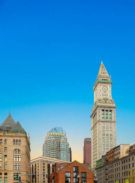 Downtown Boston skyline. The capital of US-state Massachusetts is one of the oldest cities in the United States, right at the Atlantic coast. The skyline is dominated by large skyscrapers and building