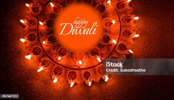 Happy Diwali Greeting Card Design Using Beautiful Clay Diya Lamps Lit On Diwali Night Celebration Indian Hindu Light Festival Called Diwali A Festival Of Light Stock Photo - Download Image Now