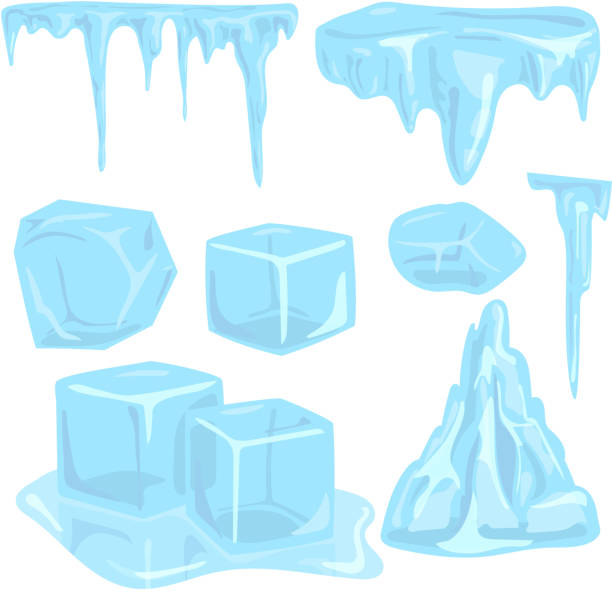Set of ice caps seasonal style sharp frozen icon. Snowdrifts icicles and elements winter decor vector illustration. Transparent arctic snowy cold water decoration.