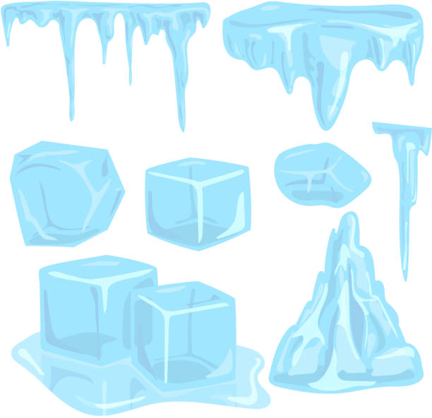 Ice caps snowdrifts icicles elements arctic snowy cold water winter decor vector illustration Set of ice caps seasonal style sharp frozen icon. Snowdrifts icicles and elements winter decor vector illustration. Transparent arctic snowy cold water decoration. ice icons stock illustrations