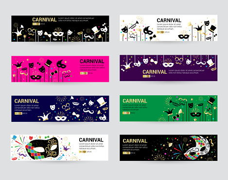 Horizontal carnival web banner masks celebration festive carnaval masquerade background festival flyer vector illustration. Costume mardi gras poster invitation.