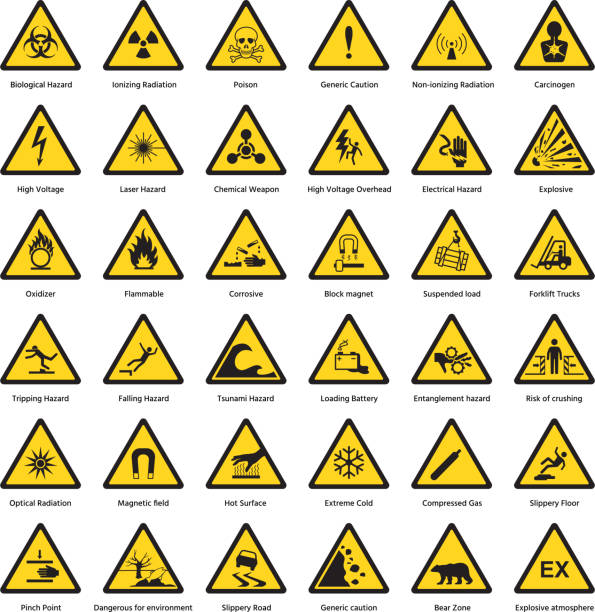 노란색 삼각형 경고 기호 위험 비 듬 관심의 기호 화학 가연성 보안 방사선 주의 아이콘 벡터 일러스트 레이 션 - 위험 요소 stock illustrations