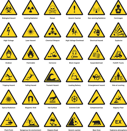 Set of triangle yellow warning sign hazard dander attention symbols chemical flammable security radiation caution icon vector illustration