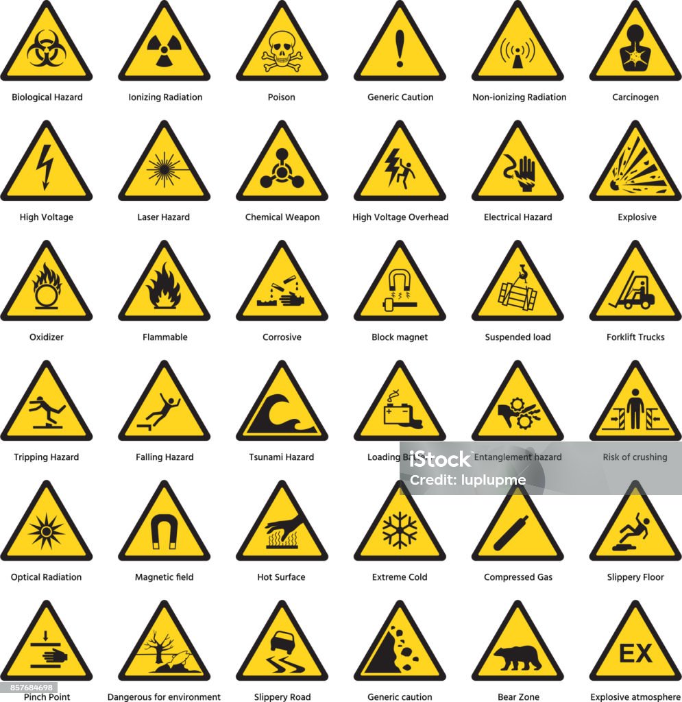 Set of triangle yellow warning sign hazard dander attention symbols chemical flammable security radiation caution icon vector illustration Danger stock vector