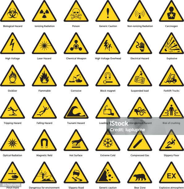 Set Of Triangle Yellow Warning Sign Hazard Dander Attention Symbols Chemical Flammable Security Radiation Caution Icon Vector Illustration Stock Illustration - Download Image Now